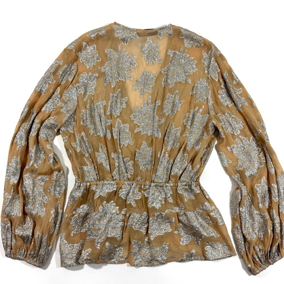 IRO Sheer V Neck Peplum Blouse Long Sleeve Beige Silver - Picture 2 of 8